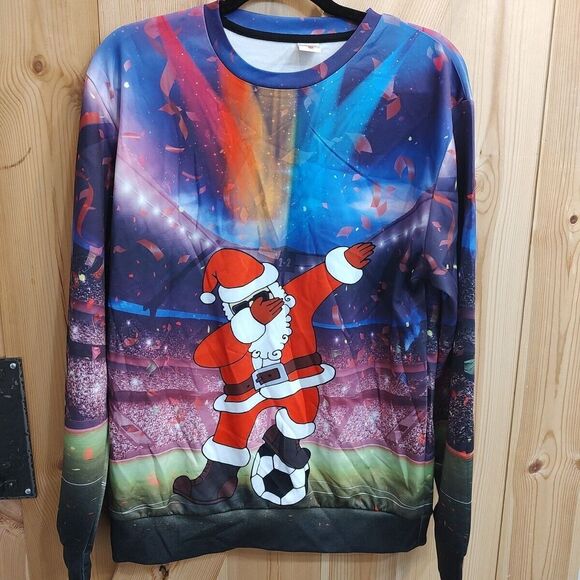 Other - Santa Playing Soccer Sweater Sz Medium Stadium Dab Long Sleeve Banded Christmas